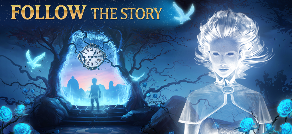 Mujer etérea y portal azul brillante en un bosque oscuro con el texto Sigue la Historia
