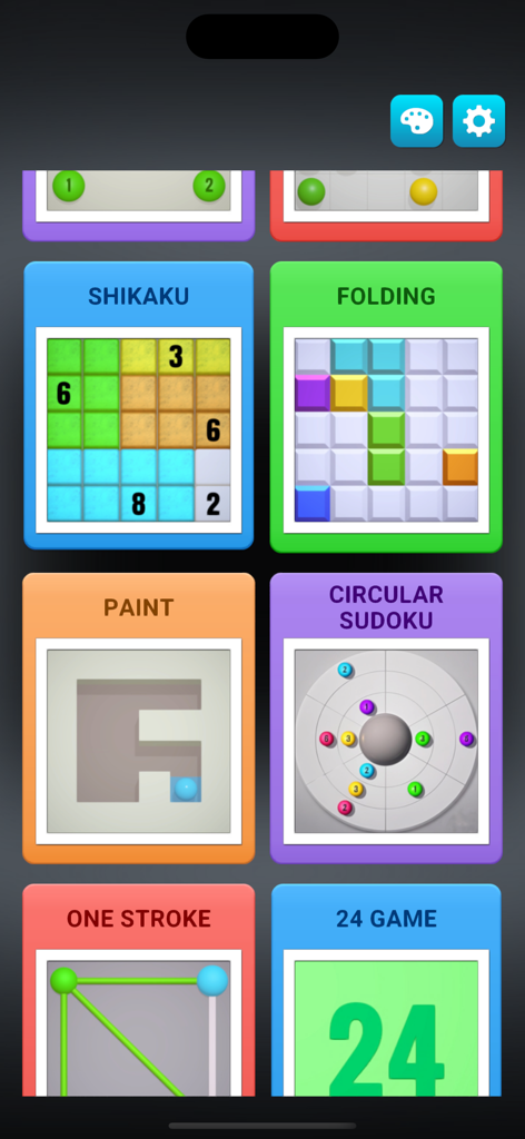 Puzzledom 3D - A minimalist menu in the Puzzledom 3D app showing several puzzle game tiles including Shikaku, Folding, Paint, and Circular Sudoku.