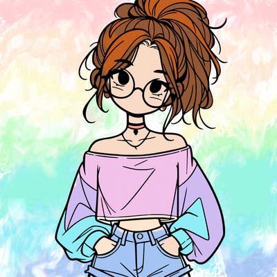 girl with a messy ponytail glasses a baggy crop top and jean shorts