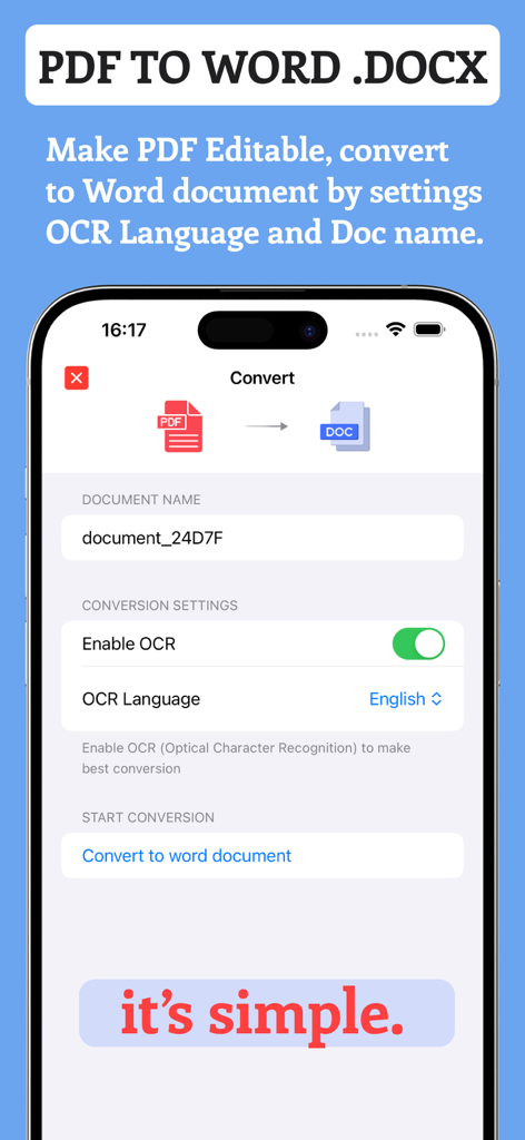 PDF to word : PDF Editable - Interfaccia dell'app convertitore da PDF a Word che mostra il nome del documento e le impostazioni OCR