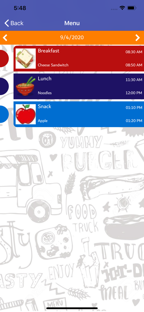 iCare Kids - Ein Screenshot der iCare Kids App, der das tägliche Speiseplan des Kindergartens zeigt, einschließlich Frühstück, Mittag- und Snackzeiten