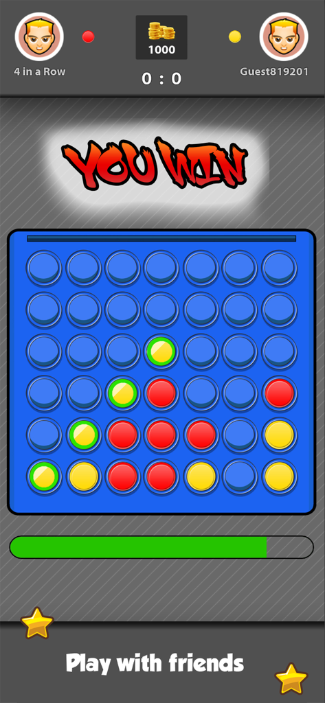 Una pantalla de victoria de Conecta Cuatro Online que muestra una línea diagonal de cuatro fichas amarillas y un mensaje de Ganaste