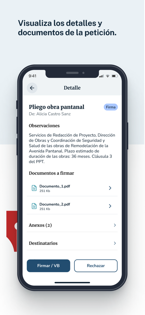 Mi Portafirmas - Detailansicht einer Signaturanfrage in der Mi Portafirmas-App mit Dokumenteninformationen und Schaltflächen zum Unterzeichnen oder Ablehnen.