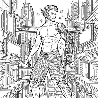 Explore a thrilling fusion of futuristic fashion and high-tech vibes with this unique men's swimwear coloring page. Featuring intricate cyberpunk designs and a dynamic urban background, it's a masterpiece waiting for your creative touch.