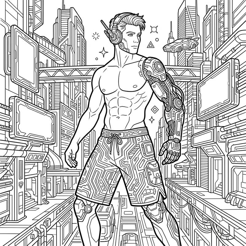 Explore a thrilling fusion of futuristic fashion and high-tech vibes with this unique men's swimwear coloring page. Featuring intricate cyberpunk designs and a dynamic urban background, it's a masterpiece waiting for your creative touch.