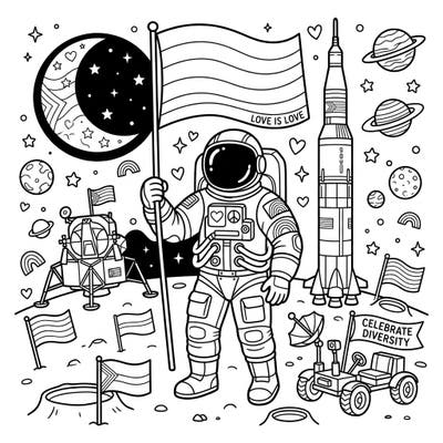 Embark on an out-of-this-world coloring adventure with our Apollo Missions x Pride page. Celebrate the spirit of exploration and universal love as you bring this unique celestial scene to life.
