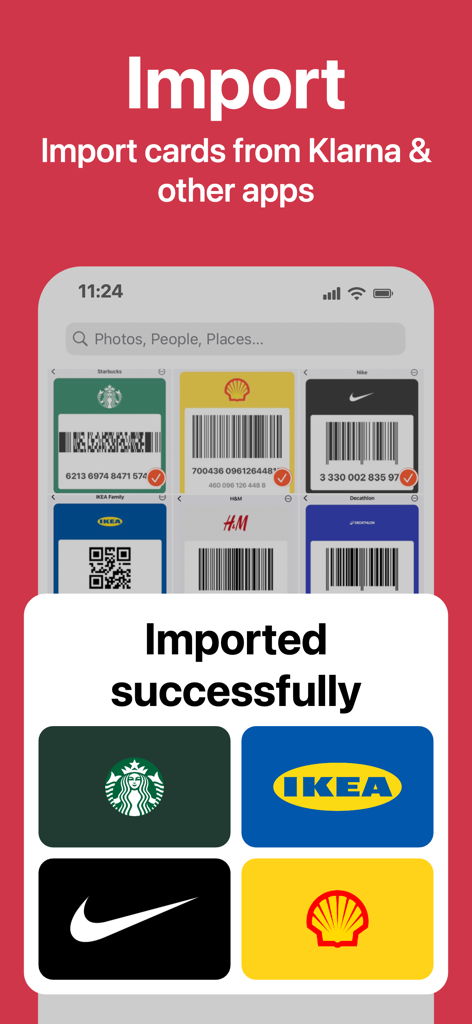 SuperCards: Store Card - SuperCards app screen demonstrating how to import loyalty cards from Klarna and other apps with brand logos like IKEA and Starbucks