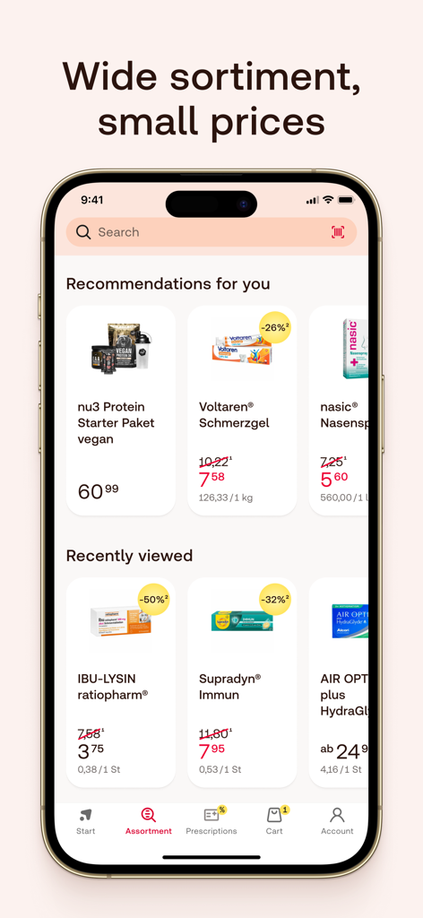 Shop Apotheke - Redcare - Interface of Shop Apotheke app displaying medical product recommendations and discounts