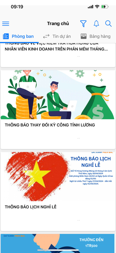 Home screen of the Dat Xanh Mien Bac app featuring internal news and official announcements.