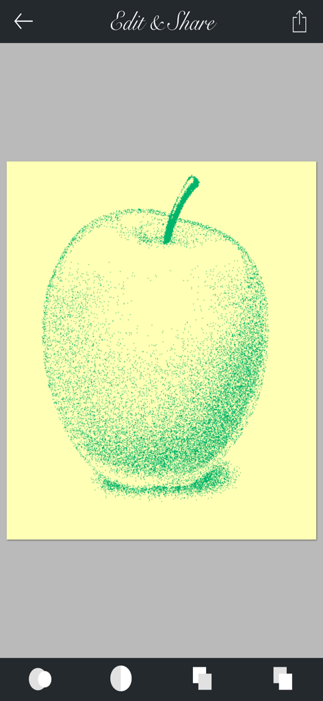 Pointillist - A green apple rendered in pointillism art style within the Pointillist app editing interface.