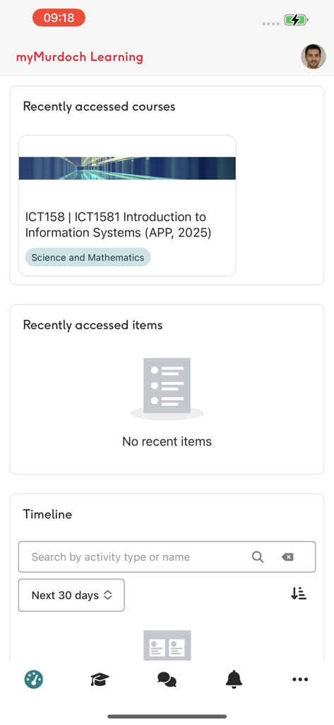 myMurdoch LMS - myMurdoch LMS app dashboard showing recently accessed courses and academic timeline