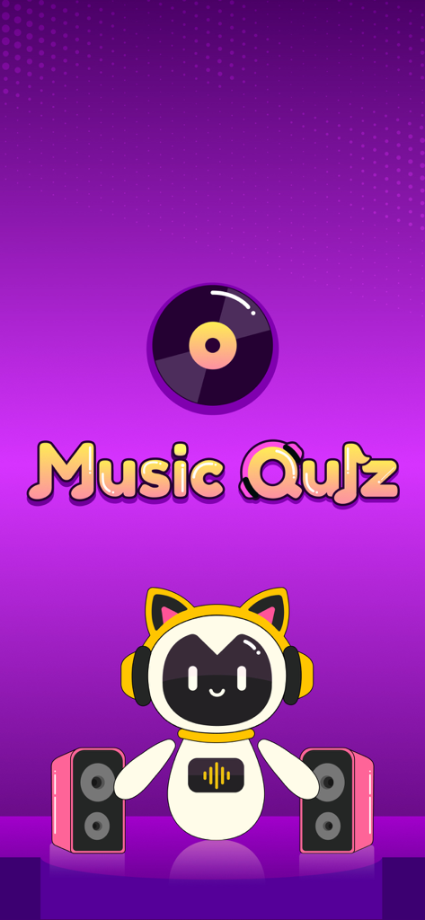 Trivial Music Quiz - Splash screen of Trivial Music Quiz showing a cute robot mascot with cat-ear headphones and speakers
