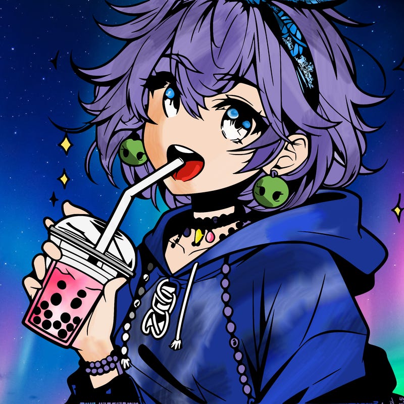 hot baddie anime girl drinking boba and biting the straw