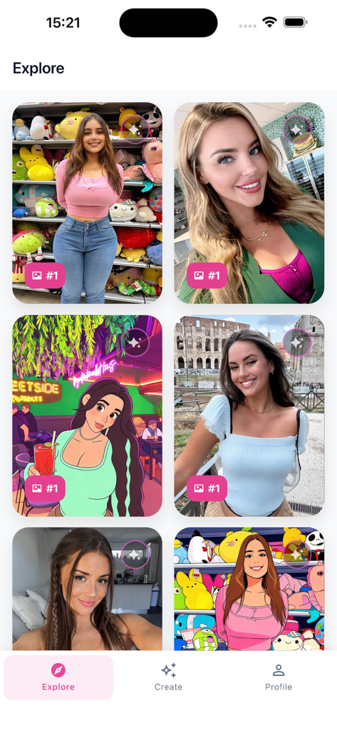 Desira - - Desiraアプリのエクスプローラー画面で、様々なスタイルのAI搭載写真からカートゥーンアバターへの変換を紹介