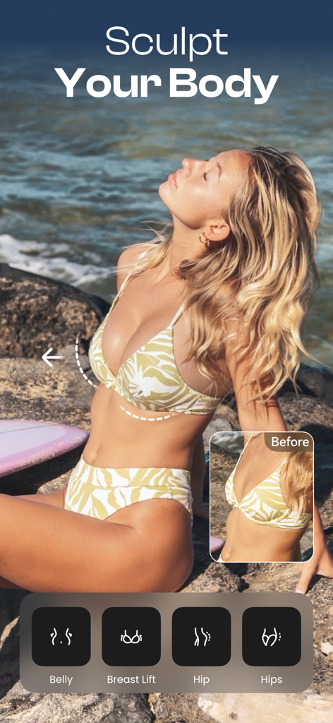 Starii-AI Beauty Editor - A woman in a swimsuit showing the body reshaping and breast lift features of the Starii AI Beauty Editor app