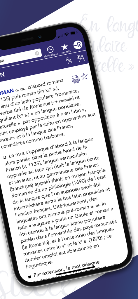 Dictionnaire Robert Historique - Mobile interface of the Dictionnaire Robert Historique app displaying the historical etymology and evolution of the word Roman