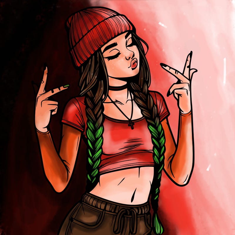 realistic teenage girl with braids and a beanie and crop top doing 🫶🏼