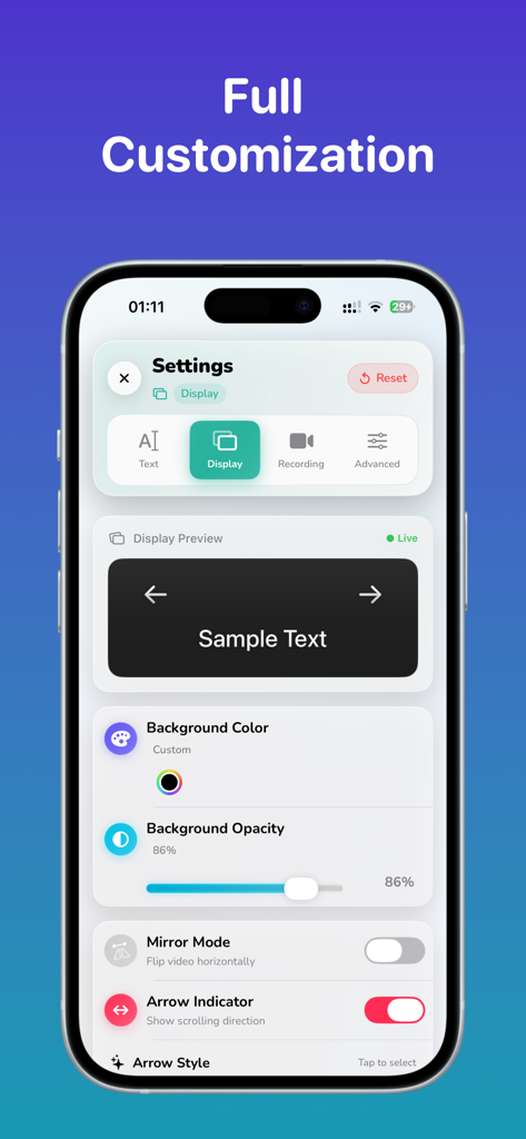 Interface showing display customization options for the teleprompter app on iPhone