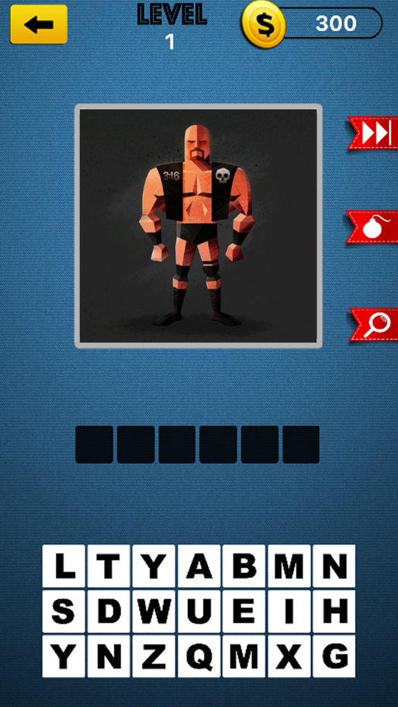 Wrestling Trivia - For WWE TNA DIVA.s and Star.s - A wrestling trivia game screen featuring a stylized superstar illustration and a letter grid to guess the name