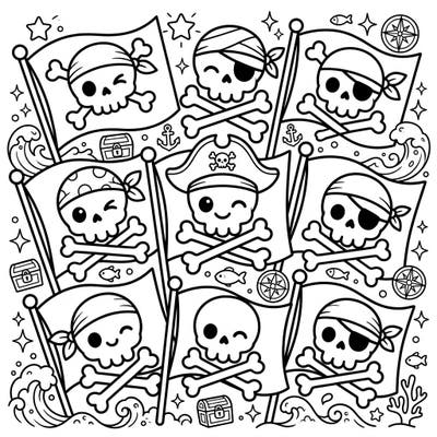 Set sail for fun with this adorable Kawaii Jolly Roger Flags coloring page, brimming with cheerful pirate skulls and charming sea-faring elements. It's the perfect way to unleash your creativity and bring a touch of cute rebellion to life.