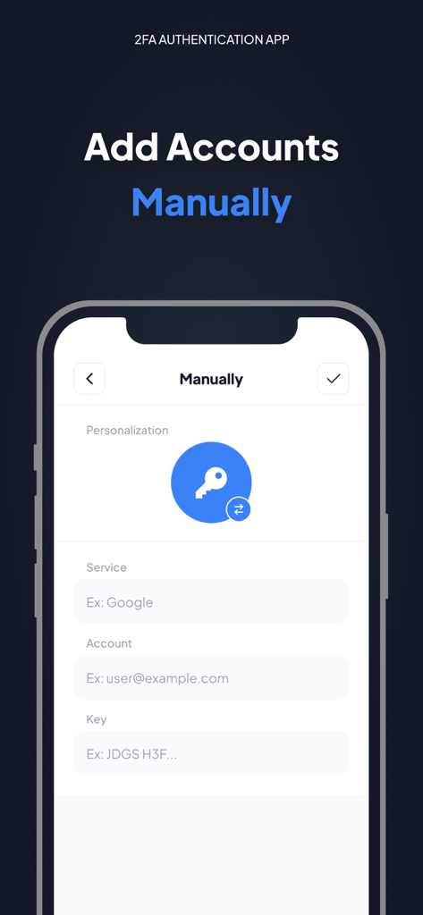 A tela de adição manual de conta do App Autenticador mostrando campos para nome do serviço, e-mail da conta e chave de segurança.