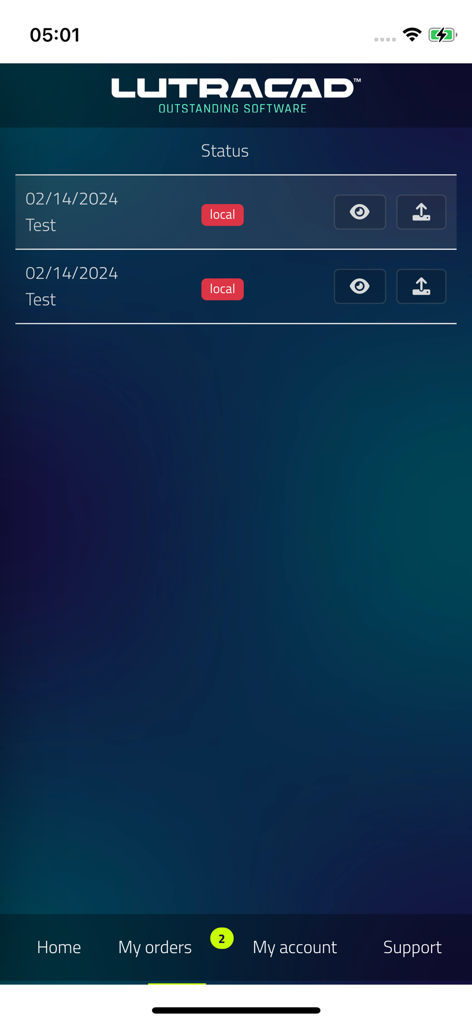 Status screen in LutraCAD TrueScan app displaying a list of local scans under the My Orders tab.