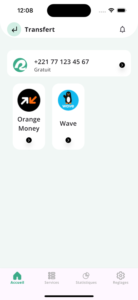 Samir Moneyアプリの送金画面。Orange MoneyとWaveのモバイルウォレットのオプションが表示されている