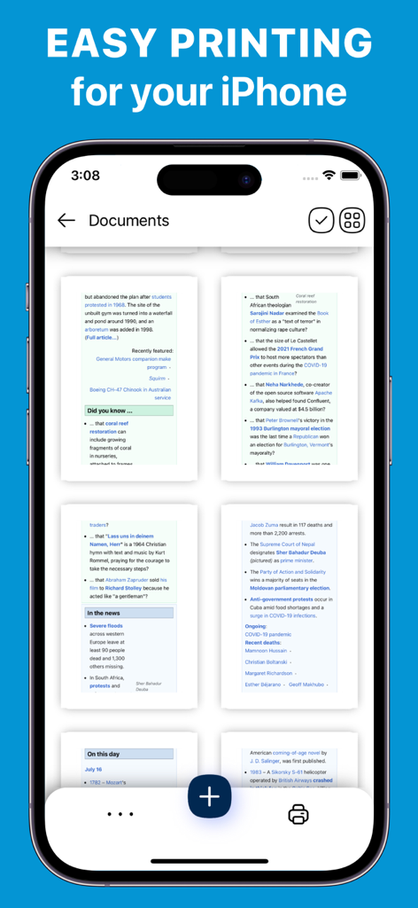 Printer App: Smart Printer • - Pantalla de iPhone que muestra una cuadrícula de documentos para imprimir en la App de Impresión.