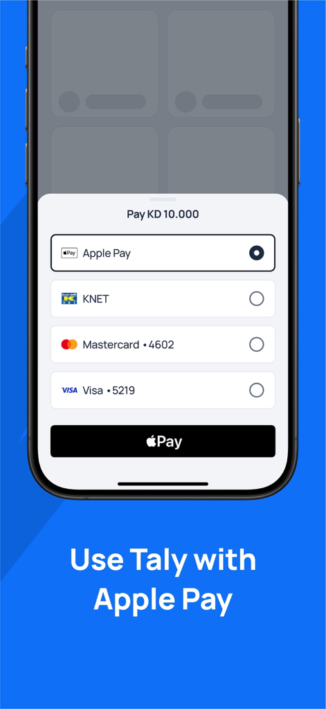 Taly | Split your payments - Schermata di selezione del pagamento dell'app Taly che mostra Apple Pay e altre opzioni di carta per pagamenti rateali.