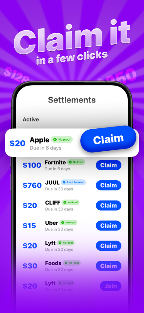 클레임 앱에서 Apple 및 Uber와 같은 브랜드에 대한 활성 집단 소송 합의 목록을 보여주는 모바일 화면