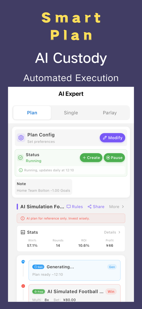 AI Ball Predictions & Tips - AI Ball Predictions app Smart Plan interface showing automated execution and ROI statistics