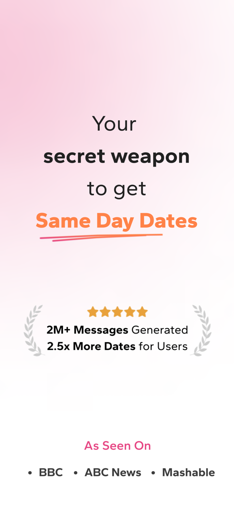 WingAI 앱 홍보 화면, BBC와 ABC 뉴스의 사회적 증거를 강조하며 당일 데이트를 보여줌