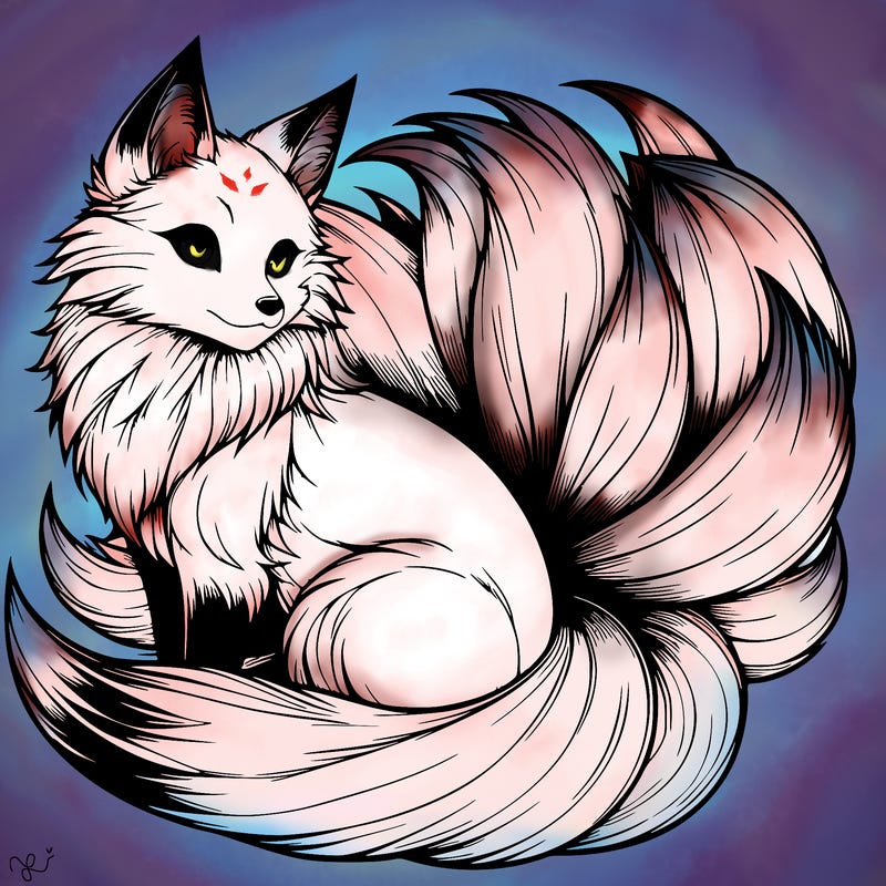 realistic detailed 9 tailed anime fox
