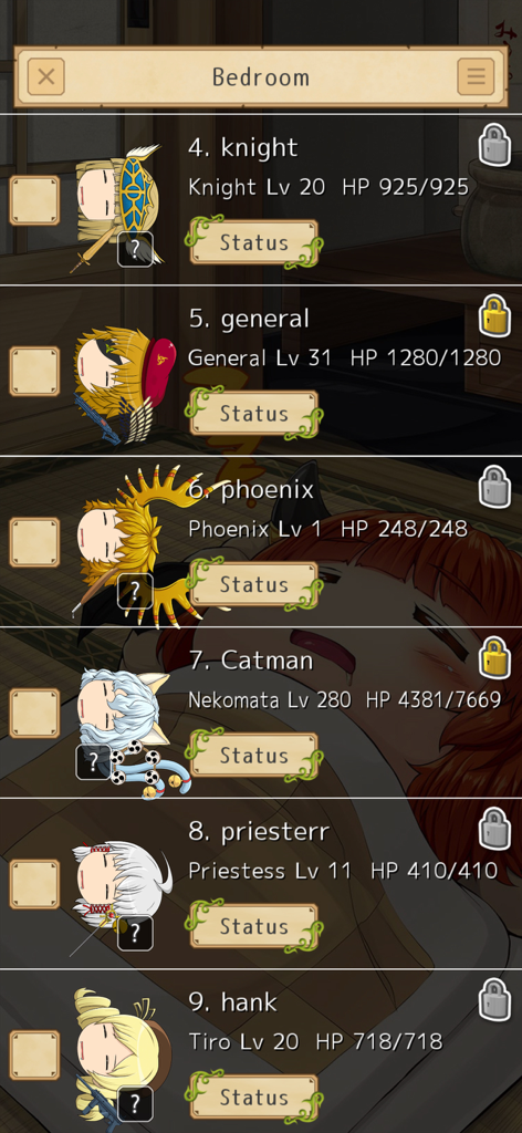 Yukkuri My Friends - Bedroom menu in Yukkuri My Friends displaying a list of pet characters with their levels and HP stats