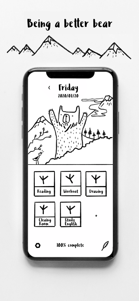 Bear Good Habits - Tracker - Aesthetic hand-drawn habit tracker with cute bear illustration and bird footprint stamps