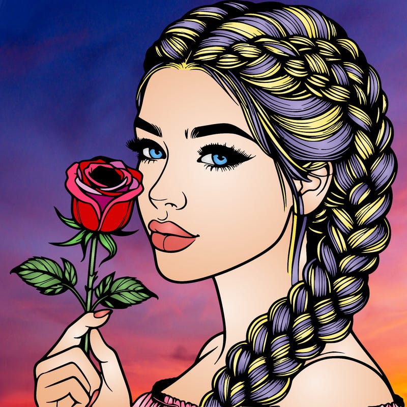 realistic woman with braids holding a single rose