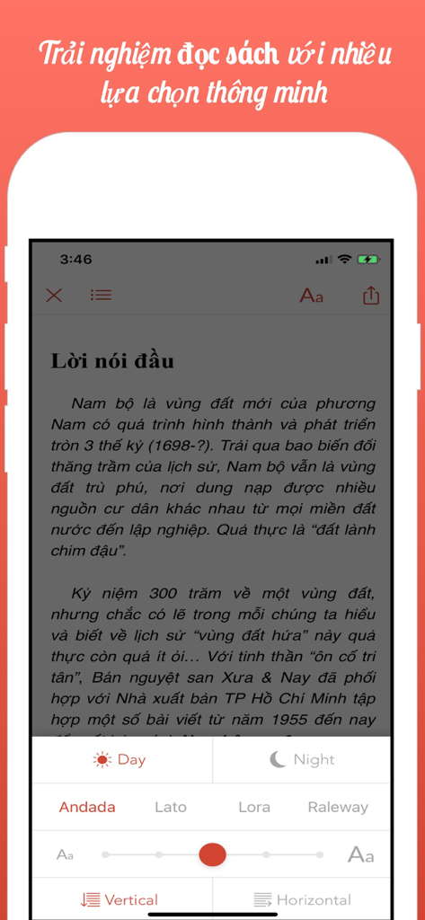 Interface of the Ebook Reader app showing Vietnamese text with customization options for fonts, night mode, and scrolling