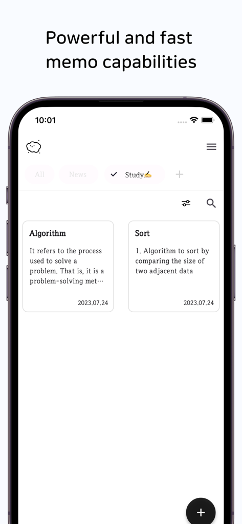 Schermata dell'app Dust Memo che mostra appunti organizzati in un layout minimalista