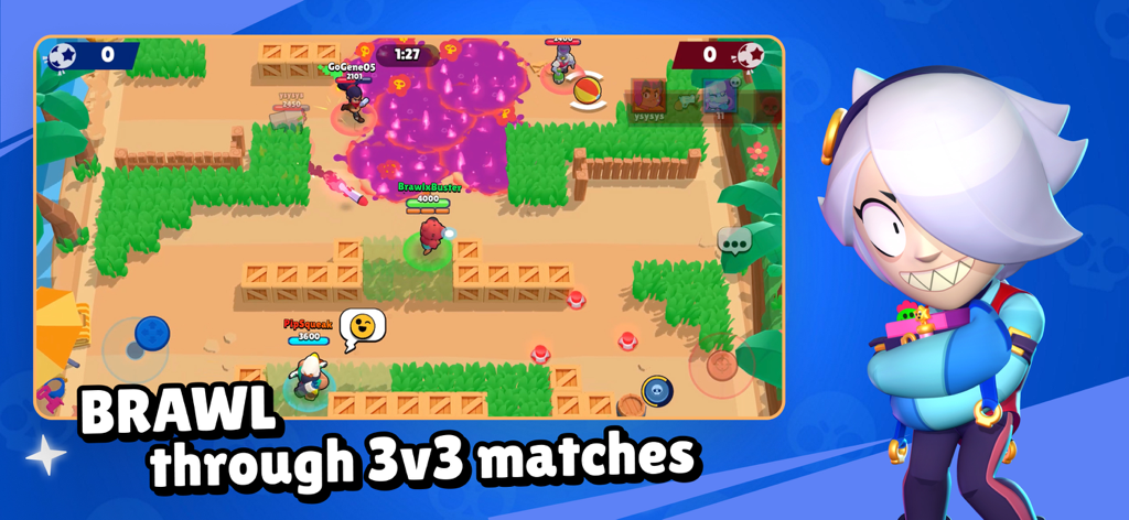 Brawl Stars mobile game screenshot showing a 3v3 arena battle match