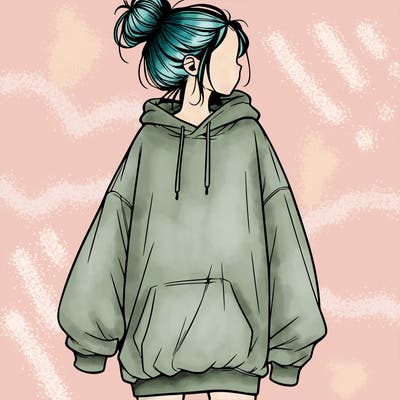 realistic girl with a oversized sweatshirt on and a bun
