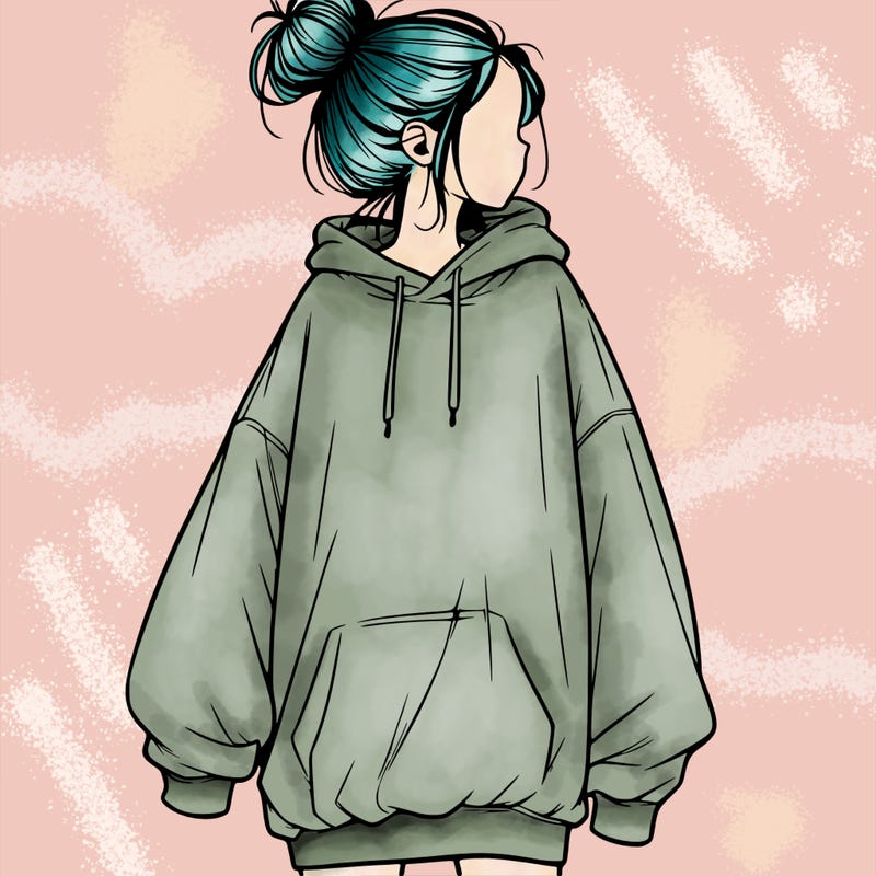 realistic girl with a oversized sweatshirt on and a bun