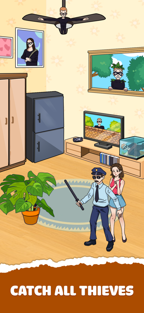 Tricky Prank: Annoying Quest - A police officer and a girl looking for hidden thieves in a funny cartoon living room puzzle.