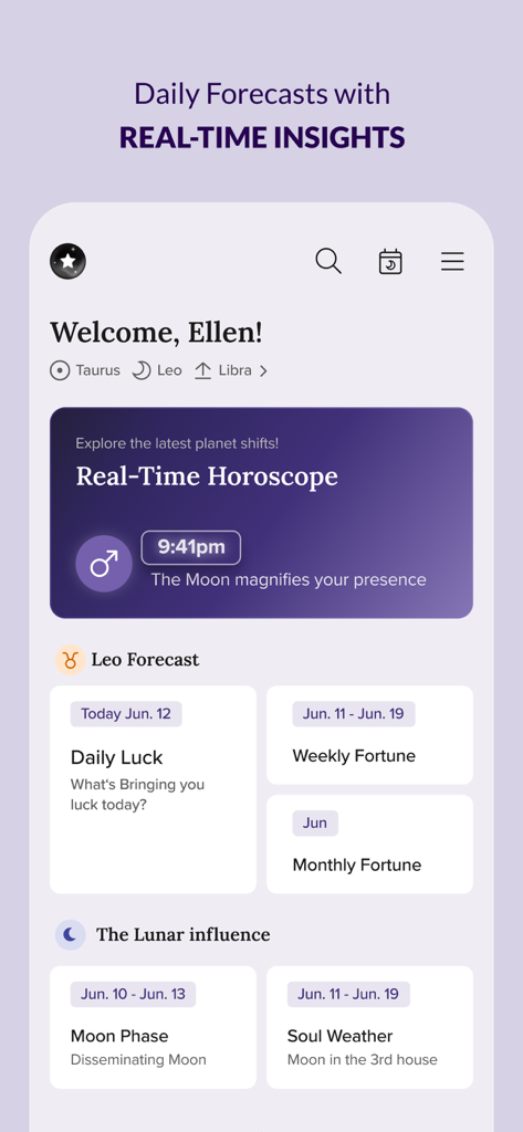 FORCETELLER - Astra Horoscope - 毎日の星占い予測、リアルタイムの洞察、月齢の影響追跡を表示するモバイルアプリ画面