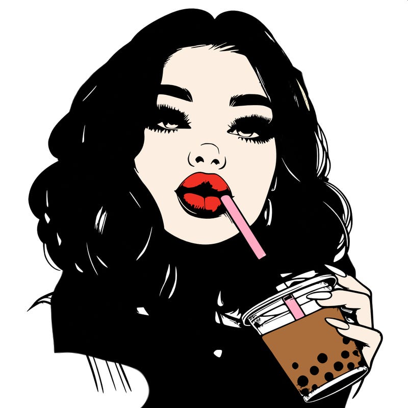 realistic girl with glossy lips holding boba
