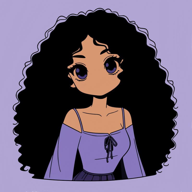 a black anime girl with long afro hair