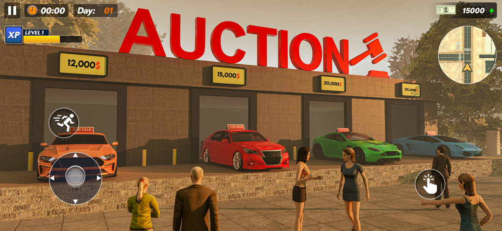 Car Trade Dealer Job Simulator - Une maison de vente aux enchères de voitures avec des voitures de sport colorées et des étiquettes de prix dans un jeu de simulateur d'entreprise 3D