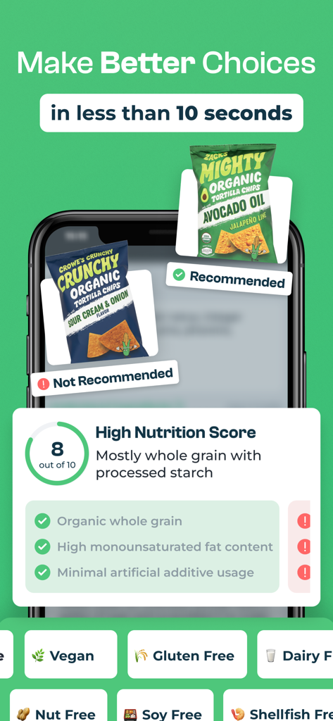 seefood - AI Food Scanner - Smartphone interface of seefood AI food scanner showing a nutrition score and dietary recommendations