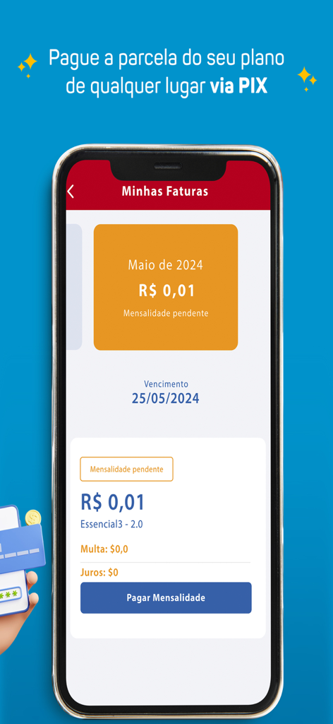 Vicente Lemos - Vicente Lemos mobile app interface showing the My Invoices screen with a pending monthly fee and a button to pay via PIX