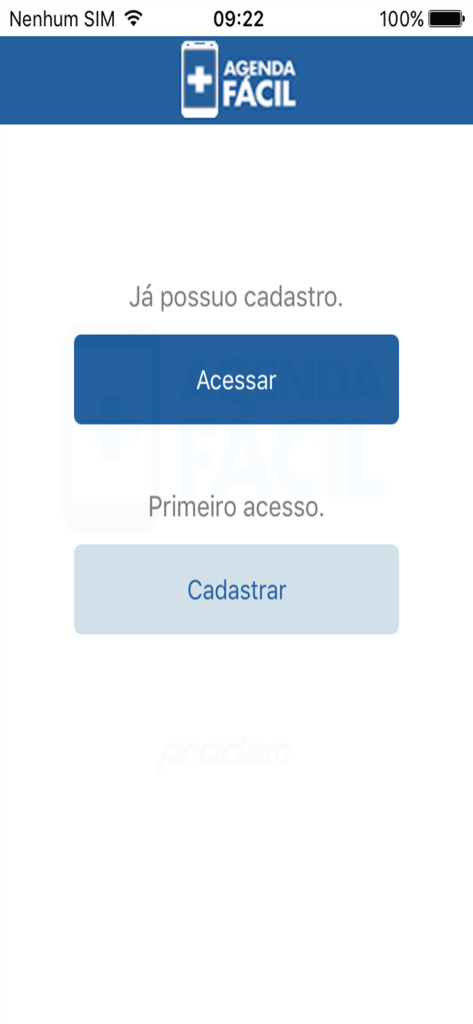 Agenda Fácil - Prefeitura SP - Login and registration screen for the Agenda Facil mobile app