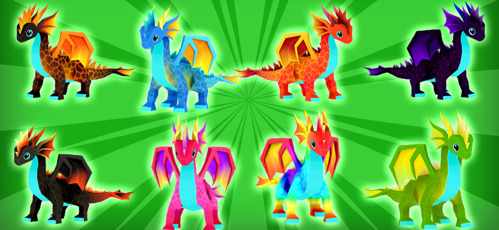 A collection of eight different colorful 3D pixel-art dragons from the game Dragon Craft 3D Survival.